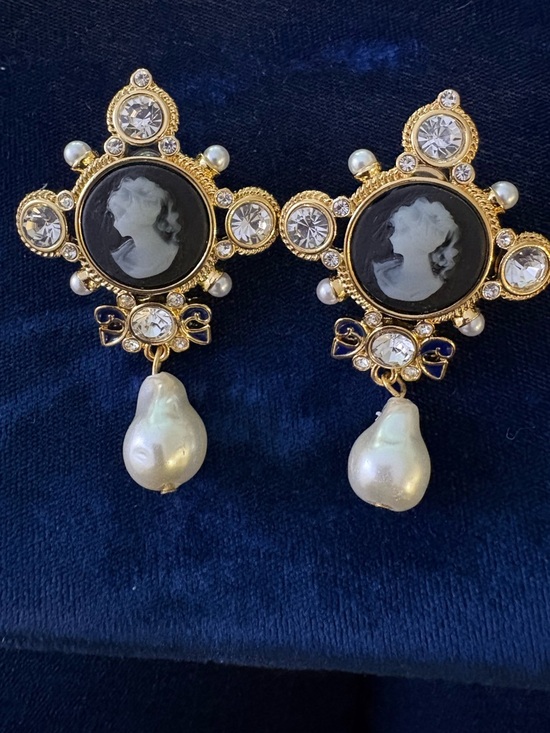 Jewelry - Vintage-Inspired, Large Statement Cameo Pierced Drop Earrings with Pearl